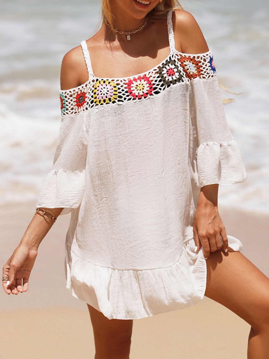 Crochet Cold Shoulder Three-Quarter Sleeve Cover Up Crochet Cold Shoulder Three-Quarter Sleeve Cover Up
